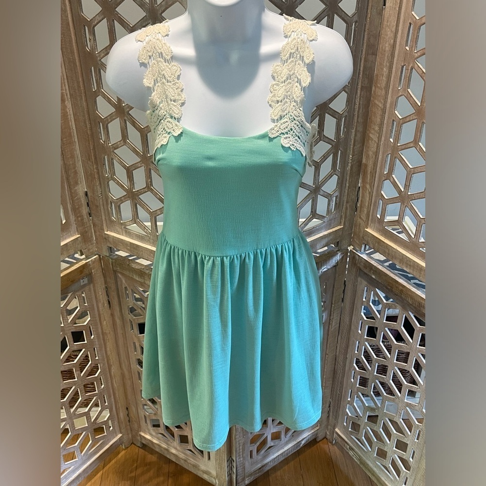 Francesca's Collections Loxley Crochet Trim Dress "Dina Be" in Mint Green size M - Picture 3 of 11
